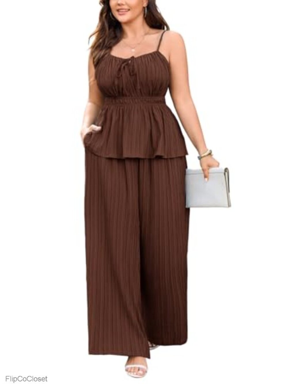 Plus Size 2 Piece Summer Outfit Sleeveless Peplum Top Wide Leg Pants